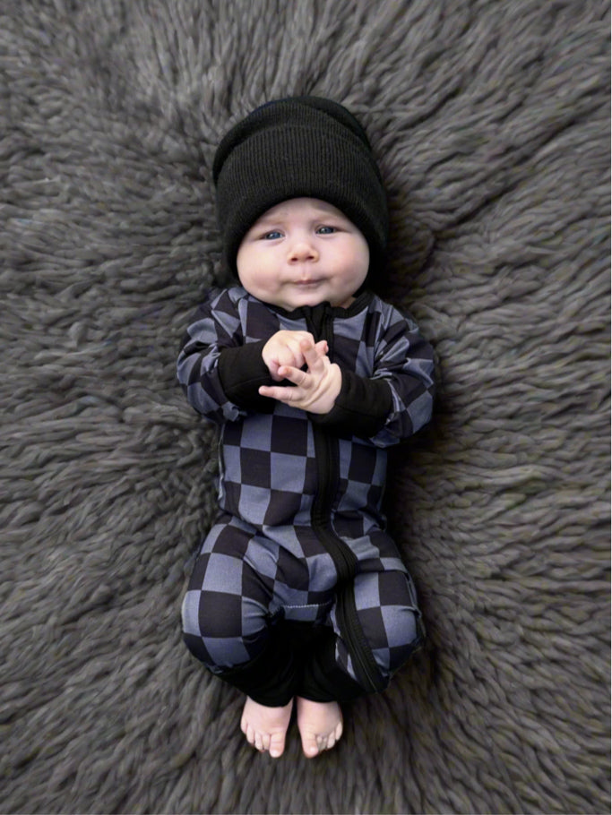 Charcoal Checkers - Long Sleeve Zipper Romper