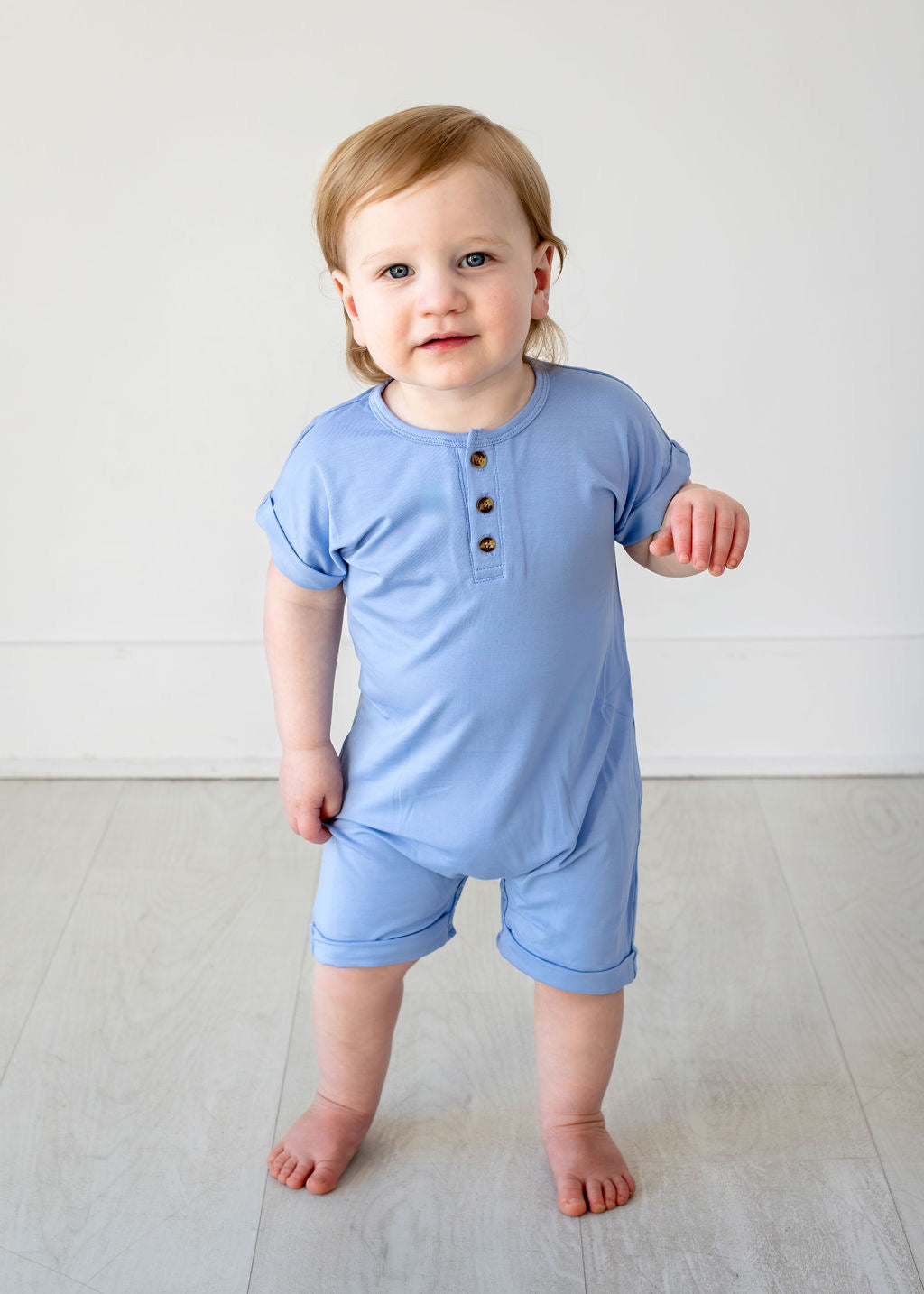 Henley Short Sleeve Romper - Chambray Blue