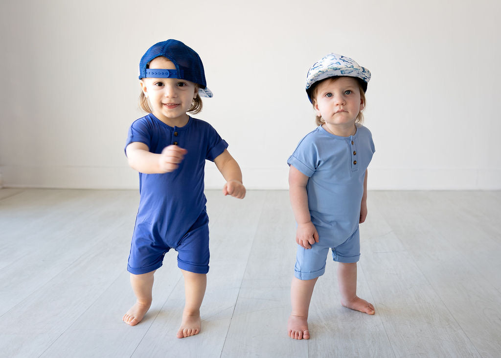 Henley Short Sleeve Romper - Chambray Blue