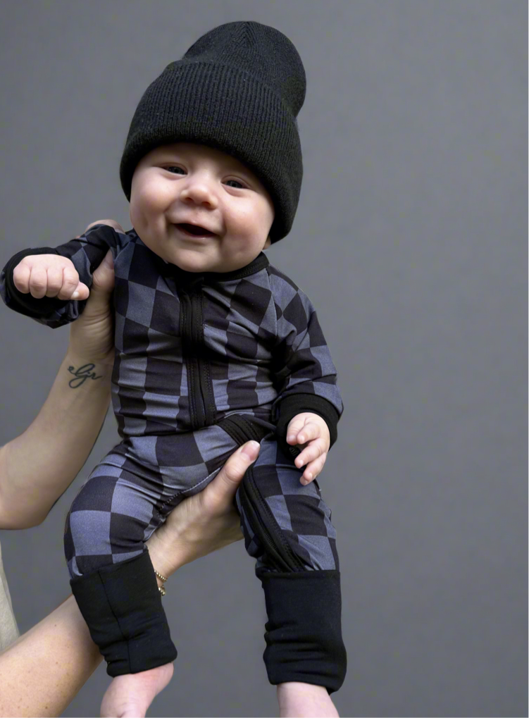 Charcoal Checkers - Long Sleeve Zipper Romper