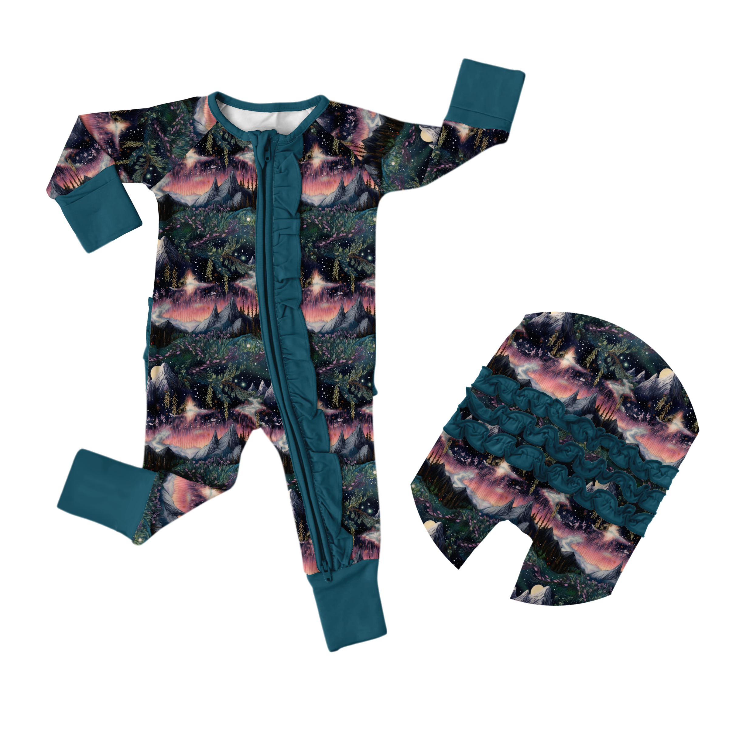 PREORDER - Whimsical Northern Lights- Ruffle Long Sleeve Zipper Romper