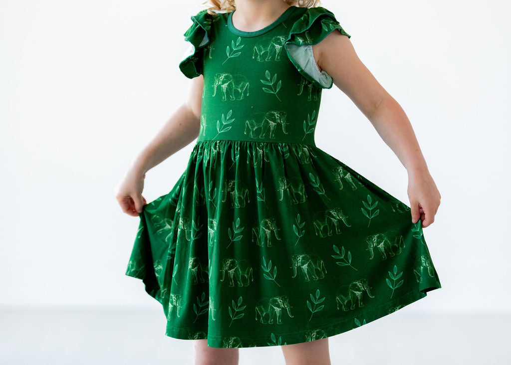 Flutter Sleeve Twirl Dress - Elephants