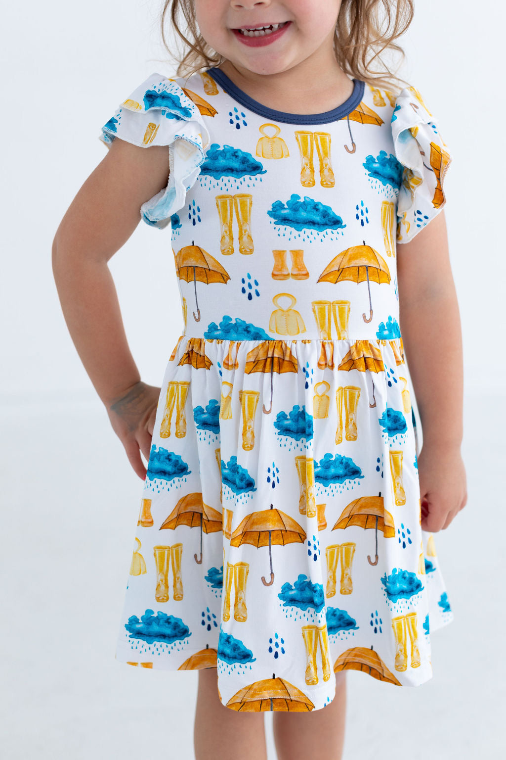 Flutter Sleeve Twirl Dress - Rainy Days